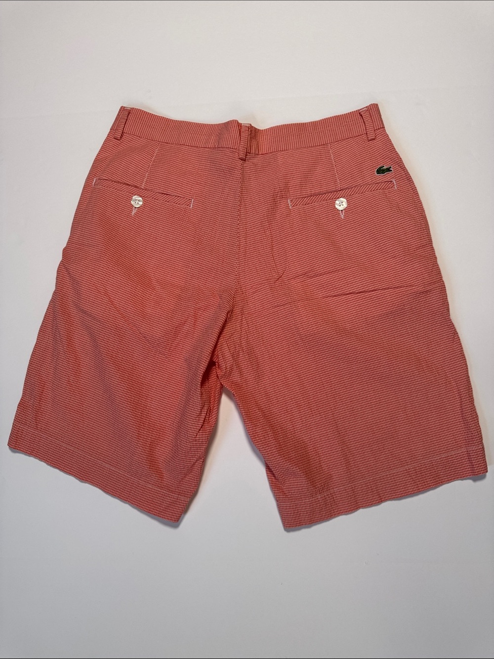 LACOSTE Vintage Men’s Micro Gingham Coral Red Seersucker Flat Front Shorts 30